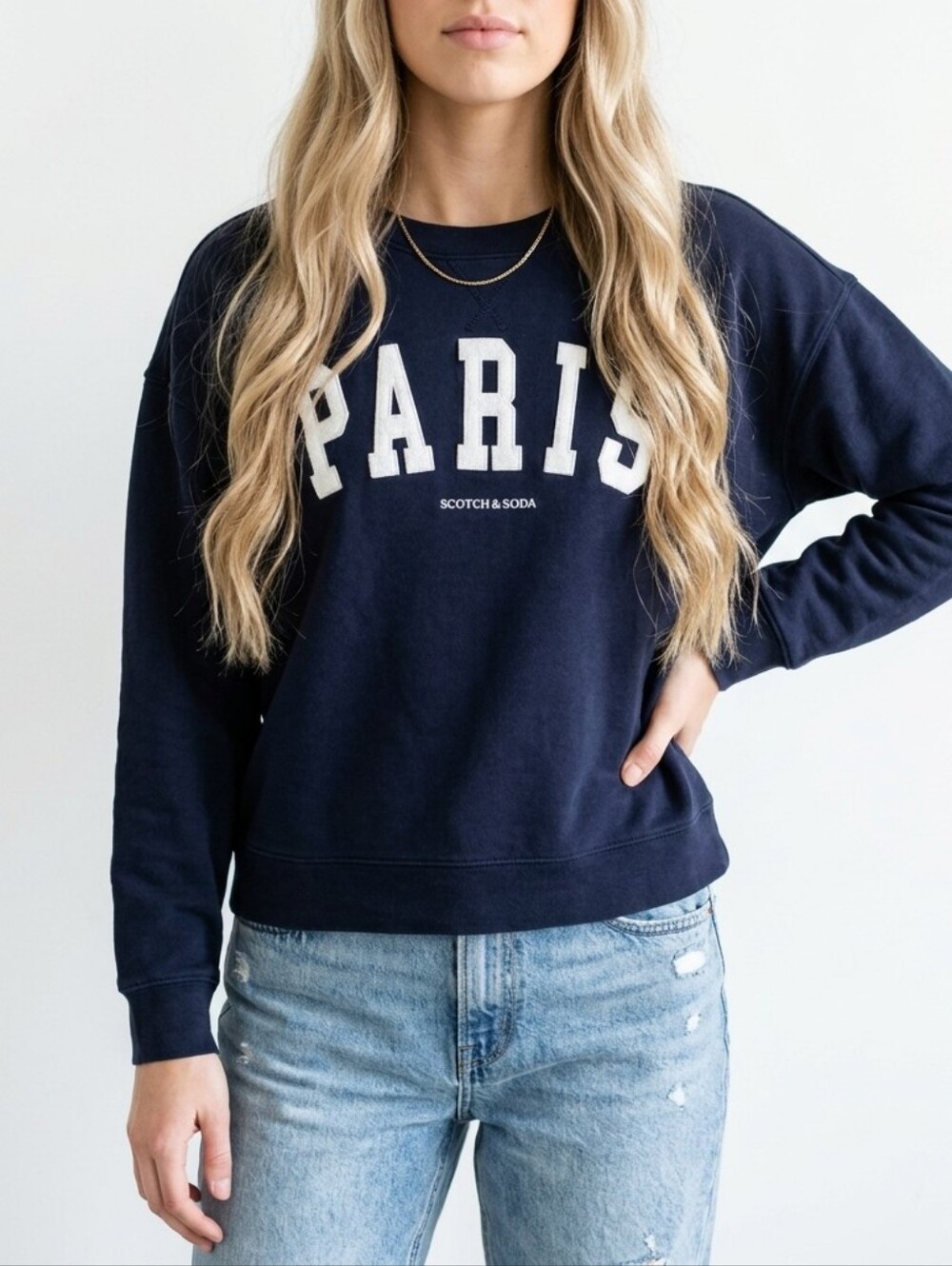 Scotch & Soda Navy Crewneck Sweatshirt with White 'PARIS' Logo